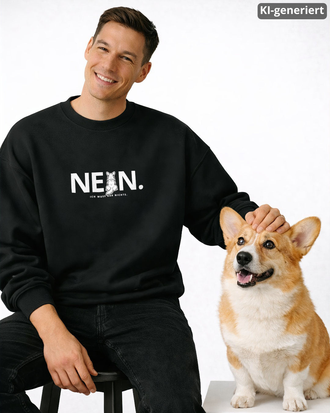 KI-generiertes Modelbild: Mann trägt schwarzen Sweater mit „NEIN. Ich muss gar nichts.“-Motiv und sitzt neben einem Corgi.