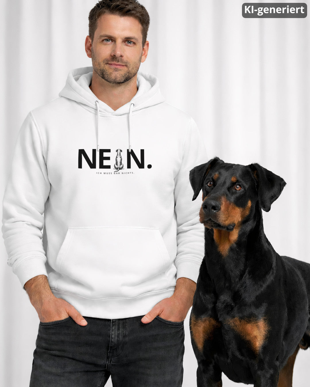 KI-generiertes Modelbild: Mann trägt weißen Hoodie mit „NEIN. Ich muss gar nichts.“-Motiv und steht neben einem Dobermann.