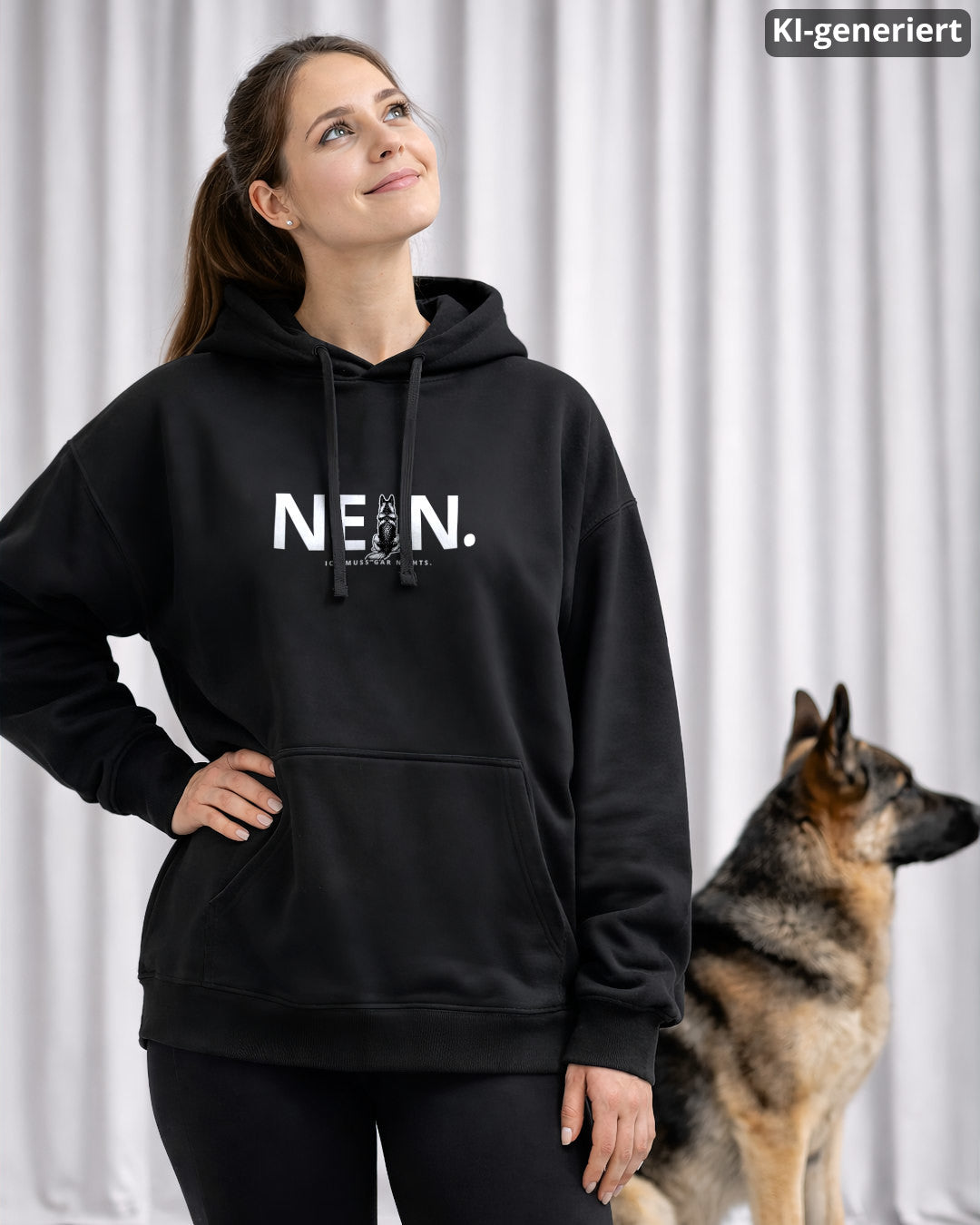 KI-generiertes Modelbild: Frau trägt schwarzen Oversized-Hoodie mit „NEIN. Ich muss gar nichts.“-Motiv, im Hintergrund steht ein Deutscher Schäferhund.