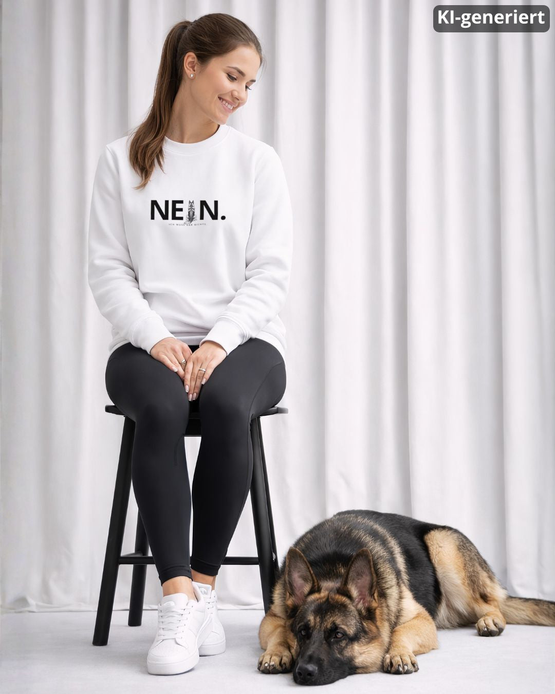 KI-generiertes Modelbild: Frau trägt weißen Sweater mit „NEIN. Ich muss gar nichts.“-Motiv und sitzt neben einem liegenden Deutschen Schäferhund.