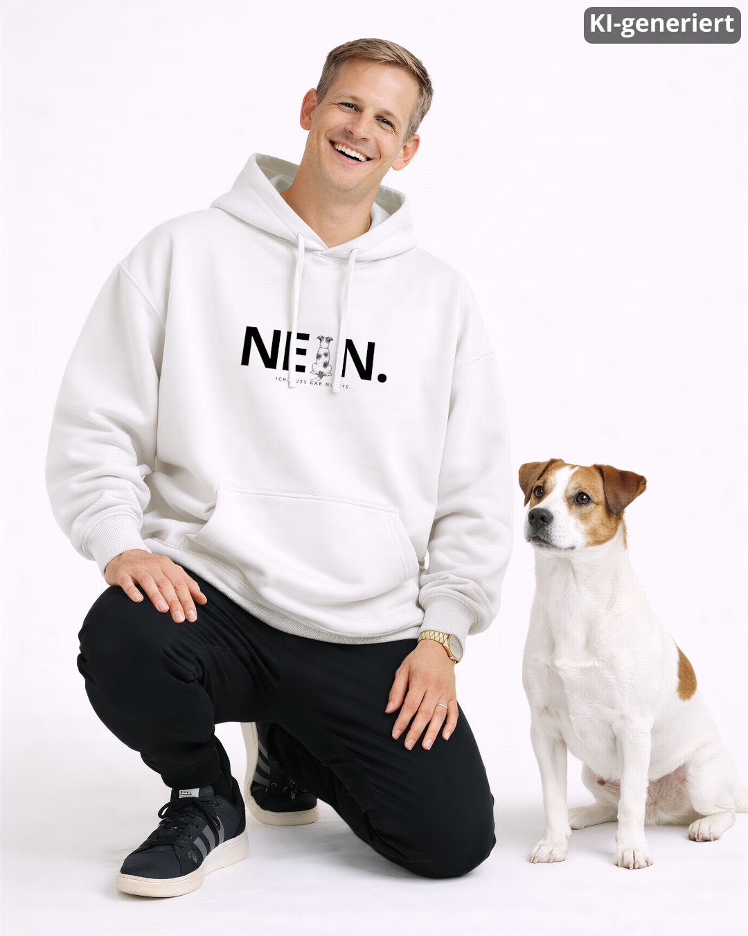 KI-generiertes Modelbild: Mann trägt weißen Oversized-Hoodie mit „NEIN. Ich muss gar nichts.“-Motiv und kniet neben einem Jack Russell.