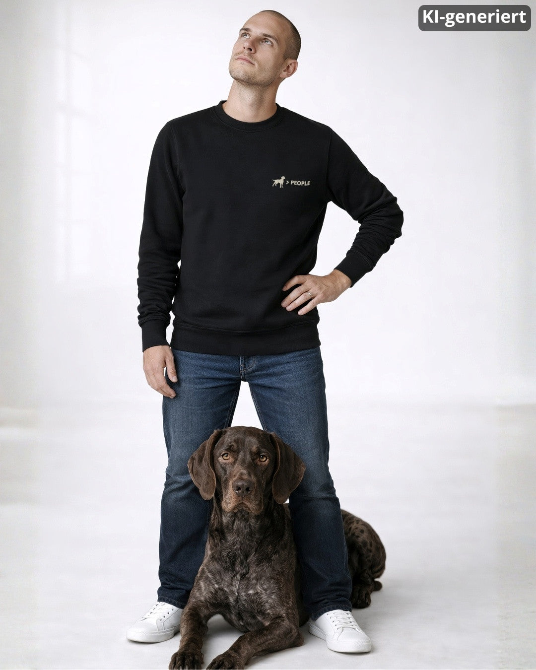 KI-generiertes Modelbild: Mann trägt schwarzen Sweater mit „Hund > People“-Brustmotiv und steht mit einem Deutsch Kurzhaar.