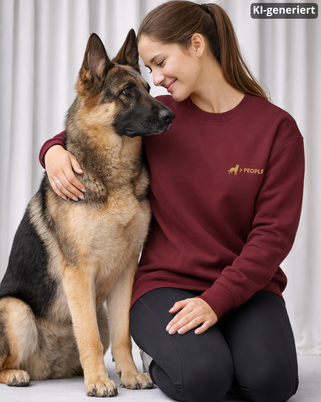 KI-generiertes Modelbild: Frau trägt Sweater in der Farbe "Burgundy" mit „Hund > People“-Brustmotiv und sitzt neben einem Deutschen Schäferhund.