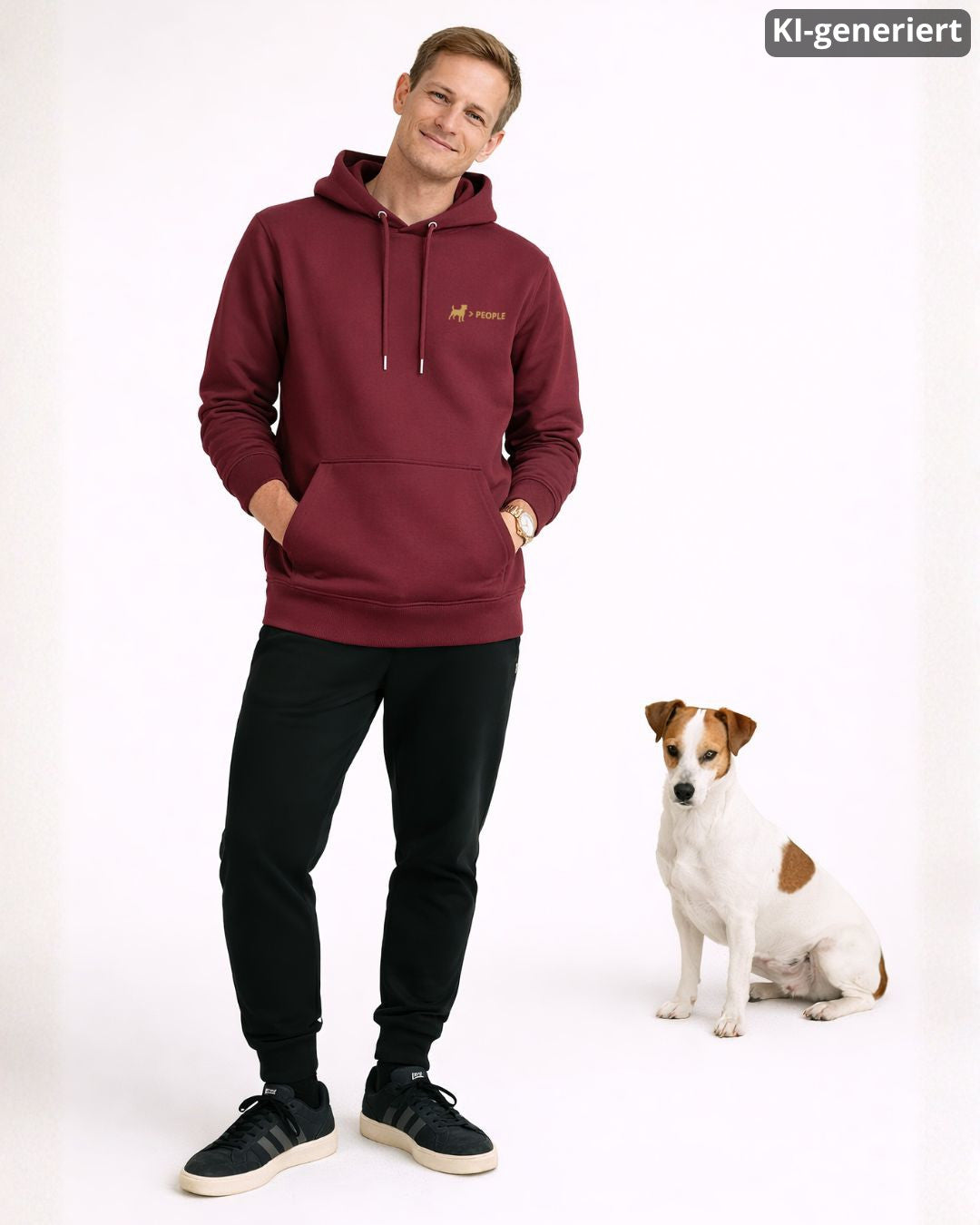 KI-generiertes Modelbild: Mann trägt Hoodie in der Farbe "Burgundy" mit „Hund > People“-Brustmotiv und steht neben einem Jack Russell.