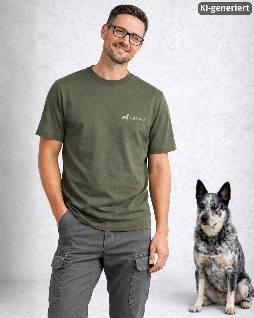KI-generiertes Modelbild: Mann trägt khakifarbenes Shirt mit „Hund > People“-Brustmotiv, im Hintergrund sitzt ein Australian Cattle Dog.