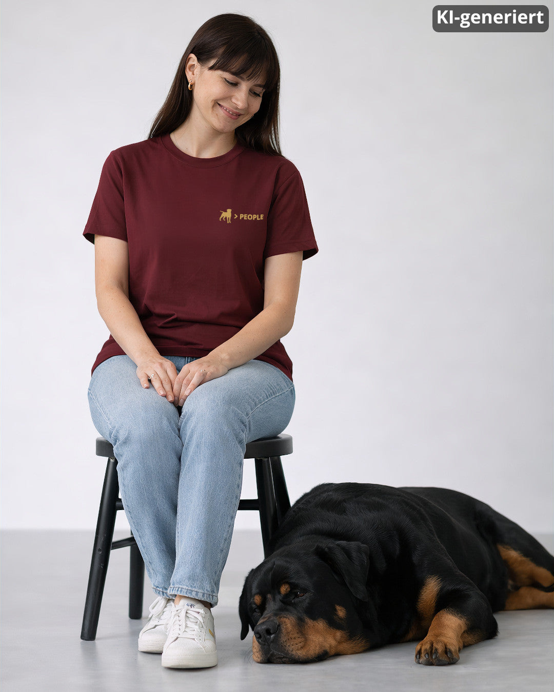 KI-generiertes Modelbild: Frau trägt Shirt in der Farbe "Burgundy" mit „Hund > People“-Brustmotiv und sitzt neben einem liegenden Rottweiler.