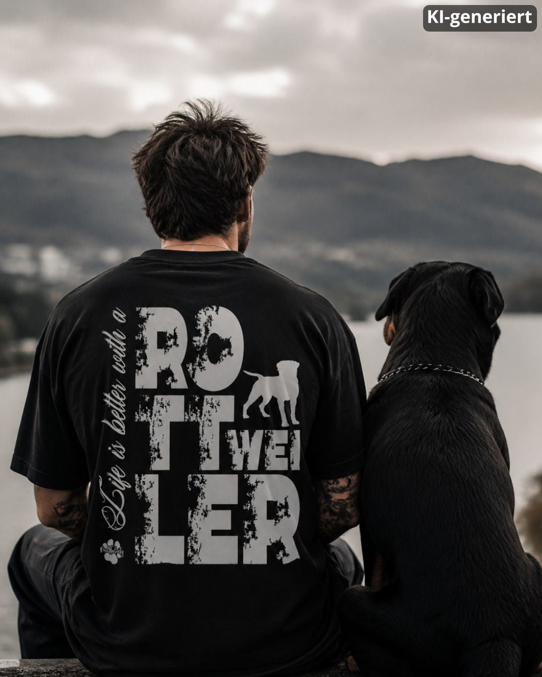 KI-generiertes Modelbild: Mann trägt schwarzes Shirt mit großem „Life is better with a Rottweiler“-Rückendruck und sitzt neben einem Rottweiler.