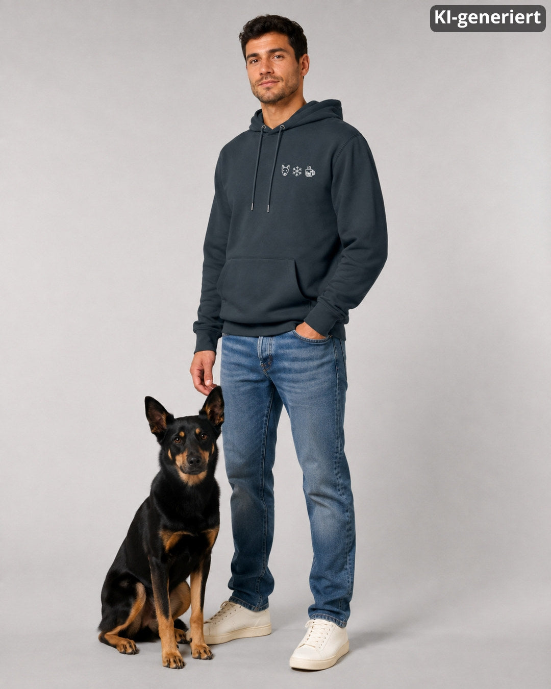 KI-generiertes Modelbild: Mann in einem Hoodie in India Ink Grey mit kleinem Wintermotiv auf der Brust, daneben sitzt ein Australian Kelpie im Studio.