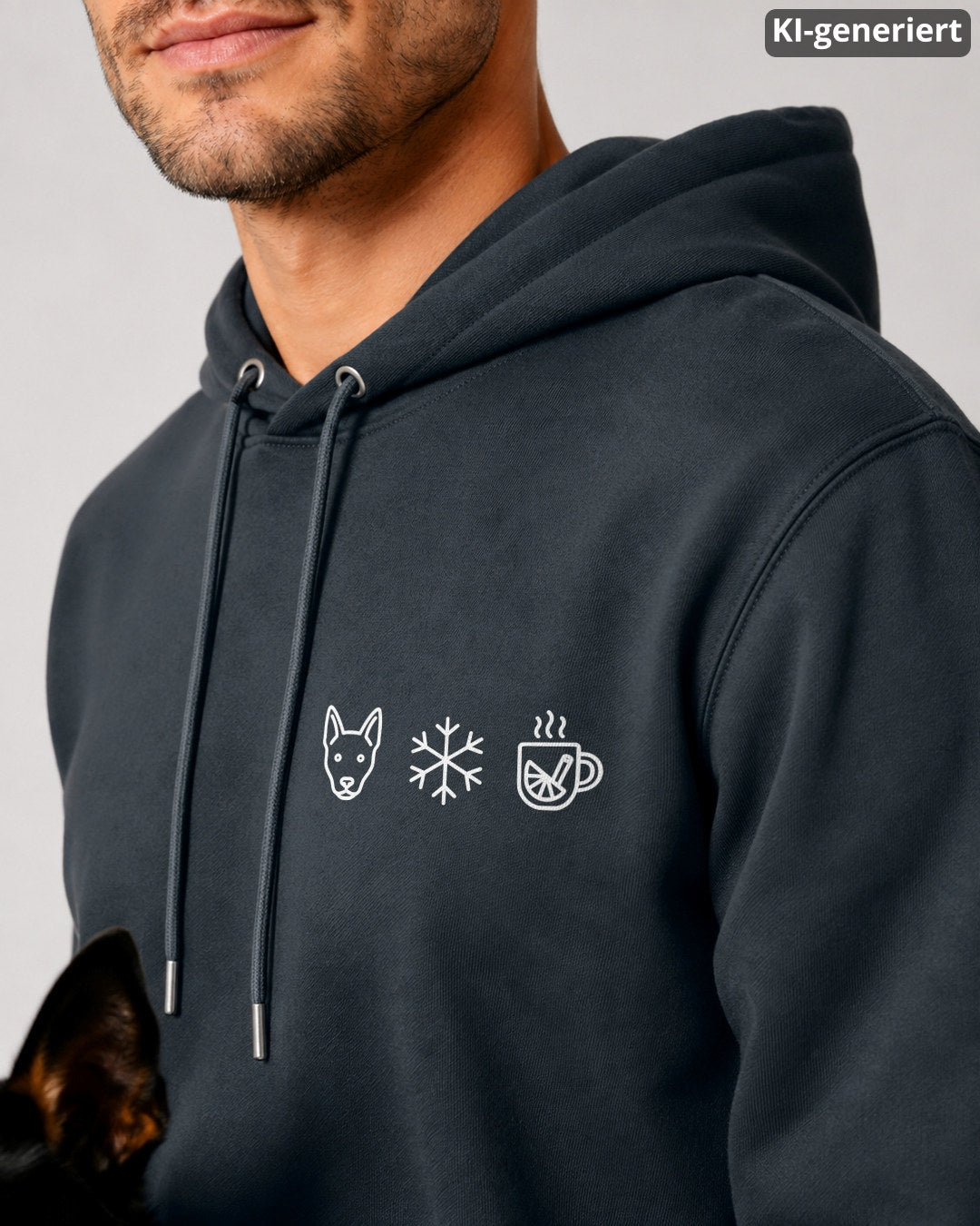 KI-generierte Detailaufnahme: Brustbereich eines Hoodies in India Ink Grey mit kleinem Wintermotiv; links unten ist ein Teil eines Australian Kelpies zu sehen.