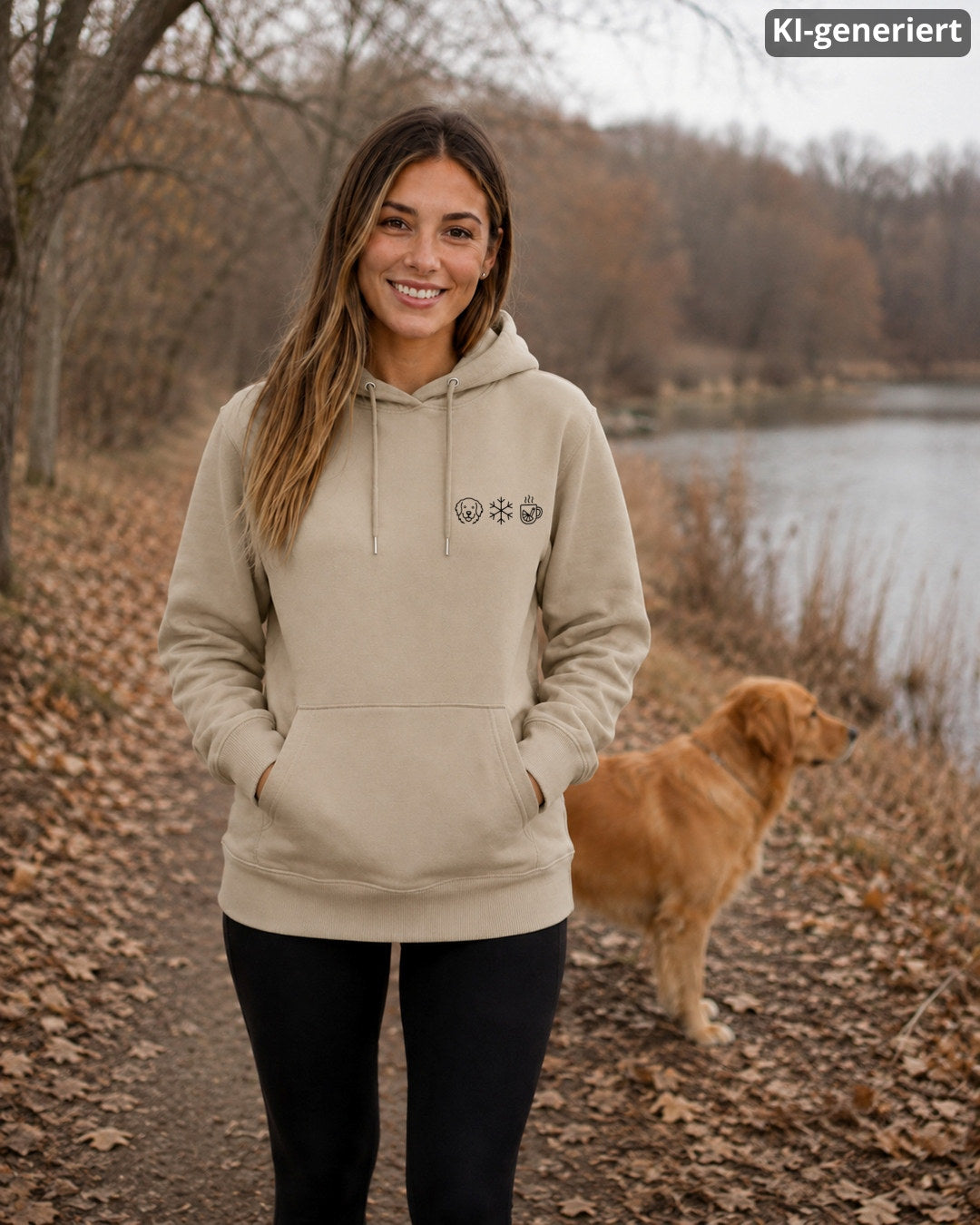 KI-generiertes Modelbild: Frau in einem Hoodie in Desert Dust mit kleinem Wintermotiv auf der Brust, im Hintergrund steht ein Golden Retriever an einem Seeufer.