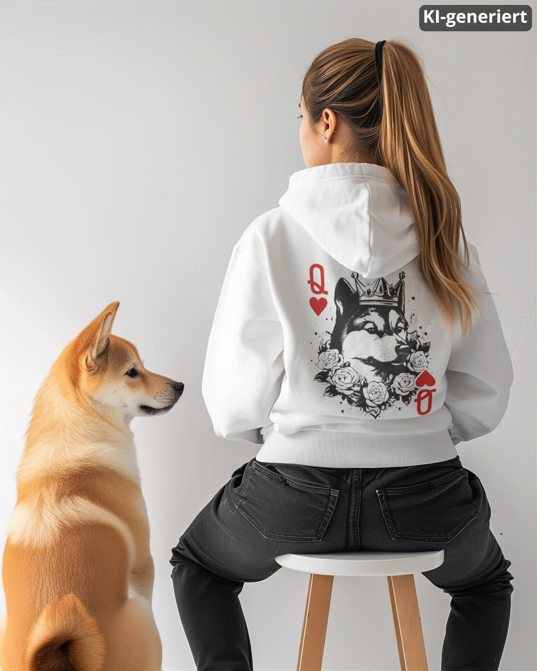 KI-generiertes Modelbild: Frau trägt weißen Hoodie mit Shiba-Inu-Spielkarten-Rückendruck und sitzt neben einem Shiba Inu.