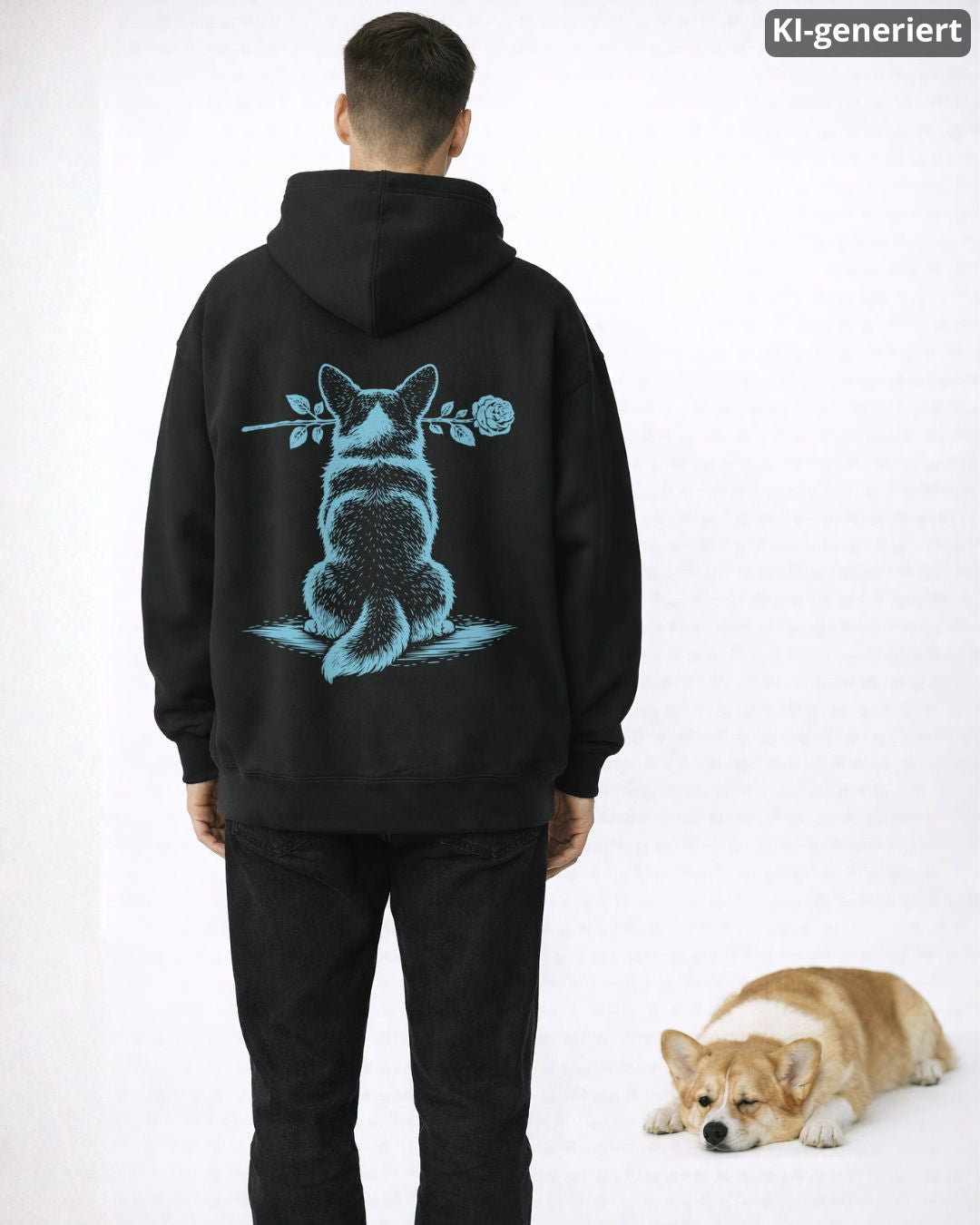 KI-generiertes Modelbild: Mann trägt schwarzen Oversized-Hoodie mit Corgi-Rückendruck "Silent Loyalty", daneben liegt ein Corgi.