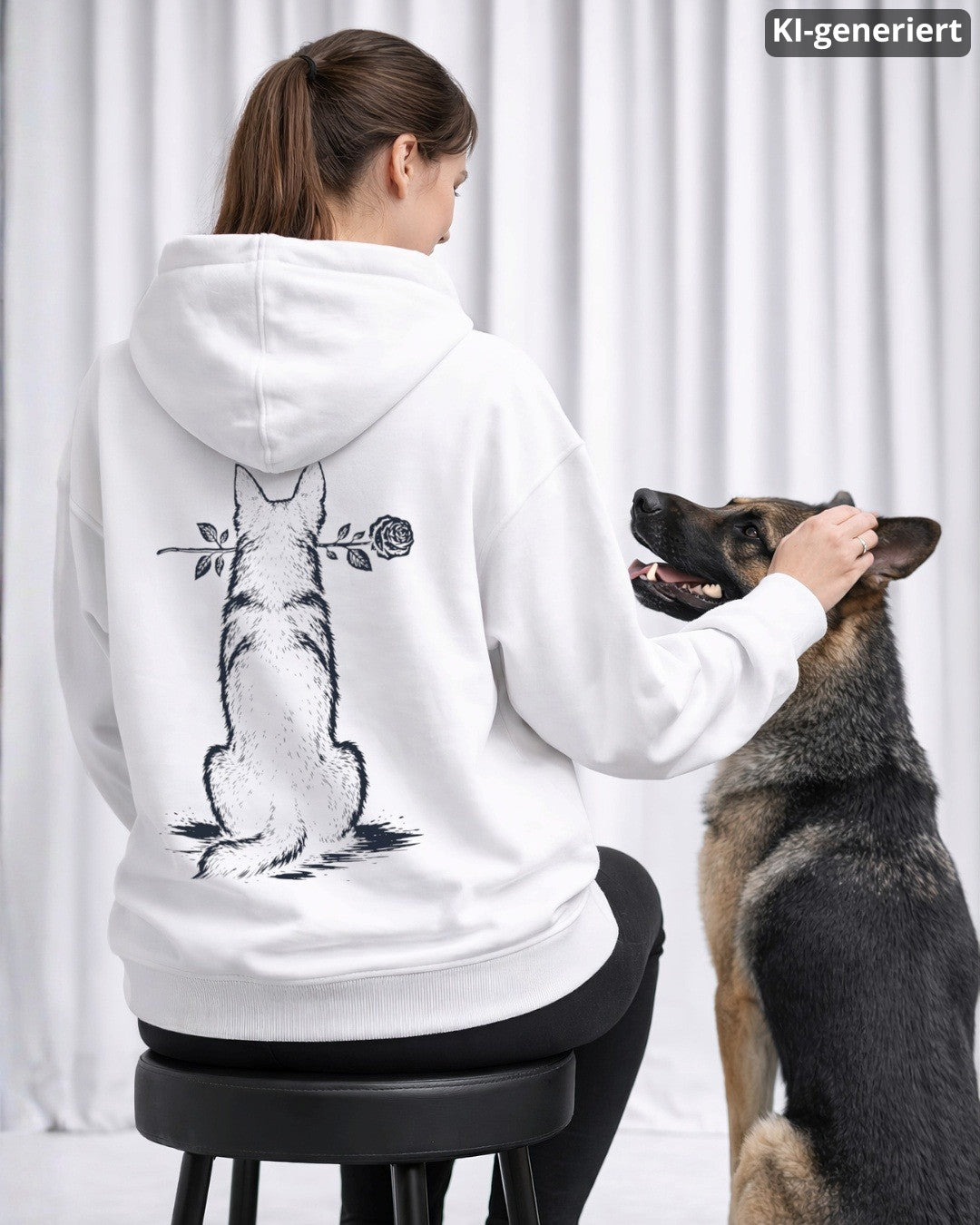 KI-generiertes Modelbild: Frau trägt weißen Hoodie mit Deutscher-Schäferhund-Rückendruck "Silent Loyalty" und sitzt neben einem Deutschen Schäferhund.