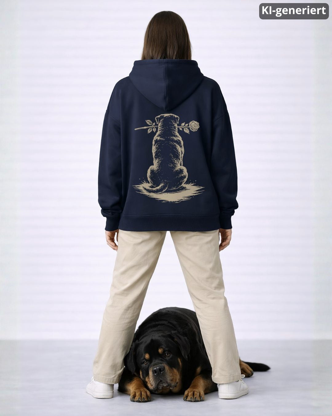 KI-generiertes Modelbild: Frau trägt French-Navy-Hoodie mit Rottweiler-Rückendruck, Motiv „Silent Loyalty“, darunter liegt ein Rottweiler.