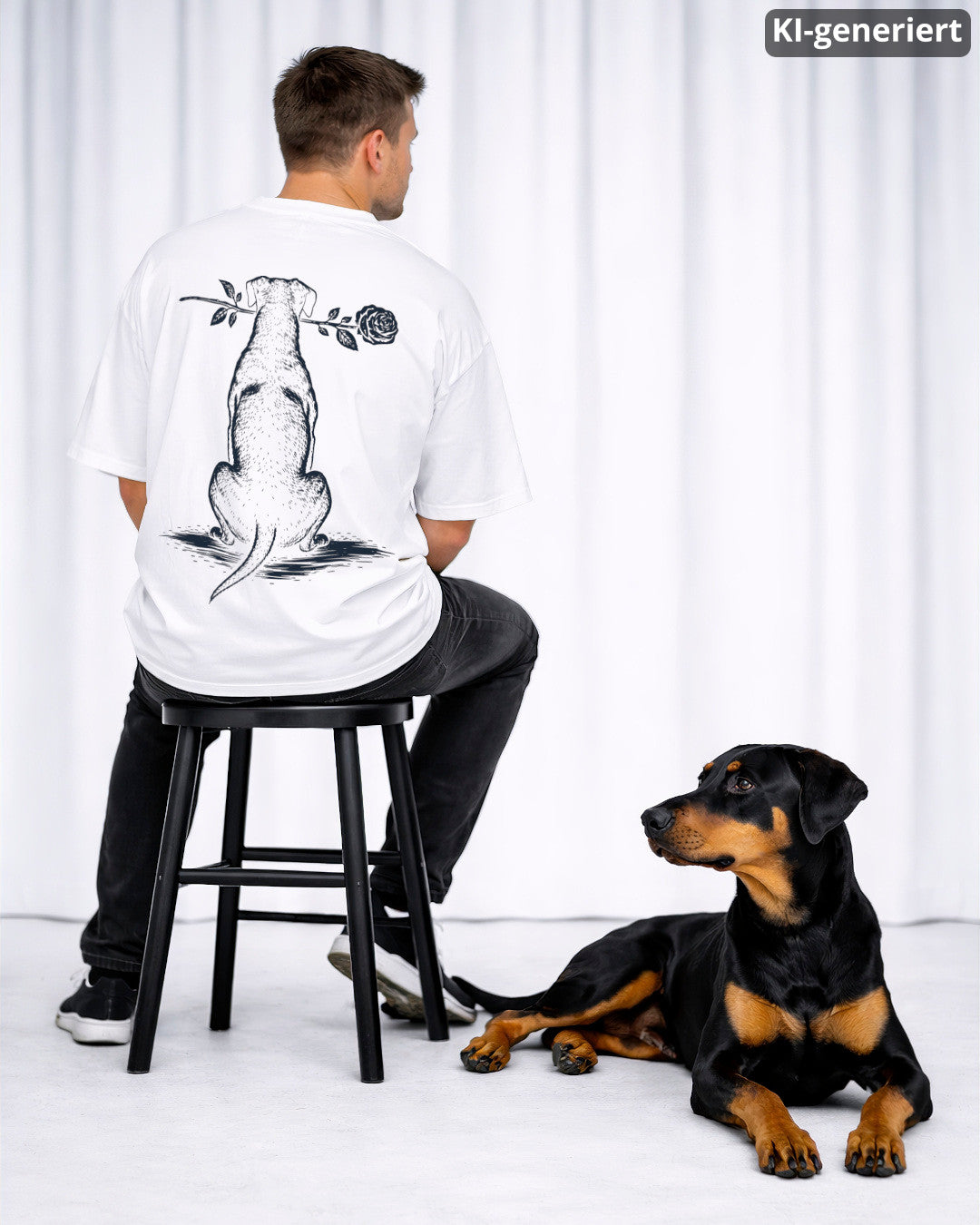 KI-generiertes Modelbild: Mann trägt weißes Oversized-Shirt mit Dobermann-Rückendruck, Motiv „Silent Loyalty“, neben einem Dobermann.