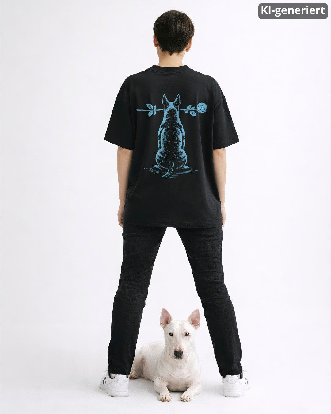KI-generiertes Modelbild: Frau trägt schwarzes Oversized-Shirt mit Bullterrier-Rückendruck, Motiv „Silent Loyalty“, davor liegt ein Bullterrier.