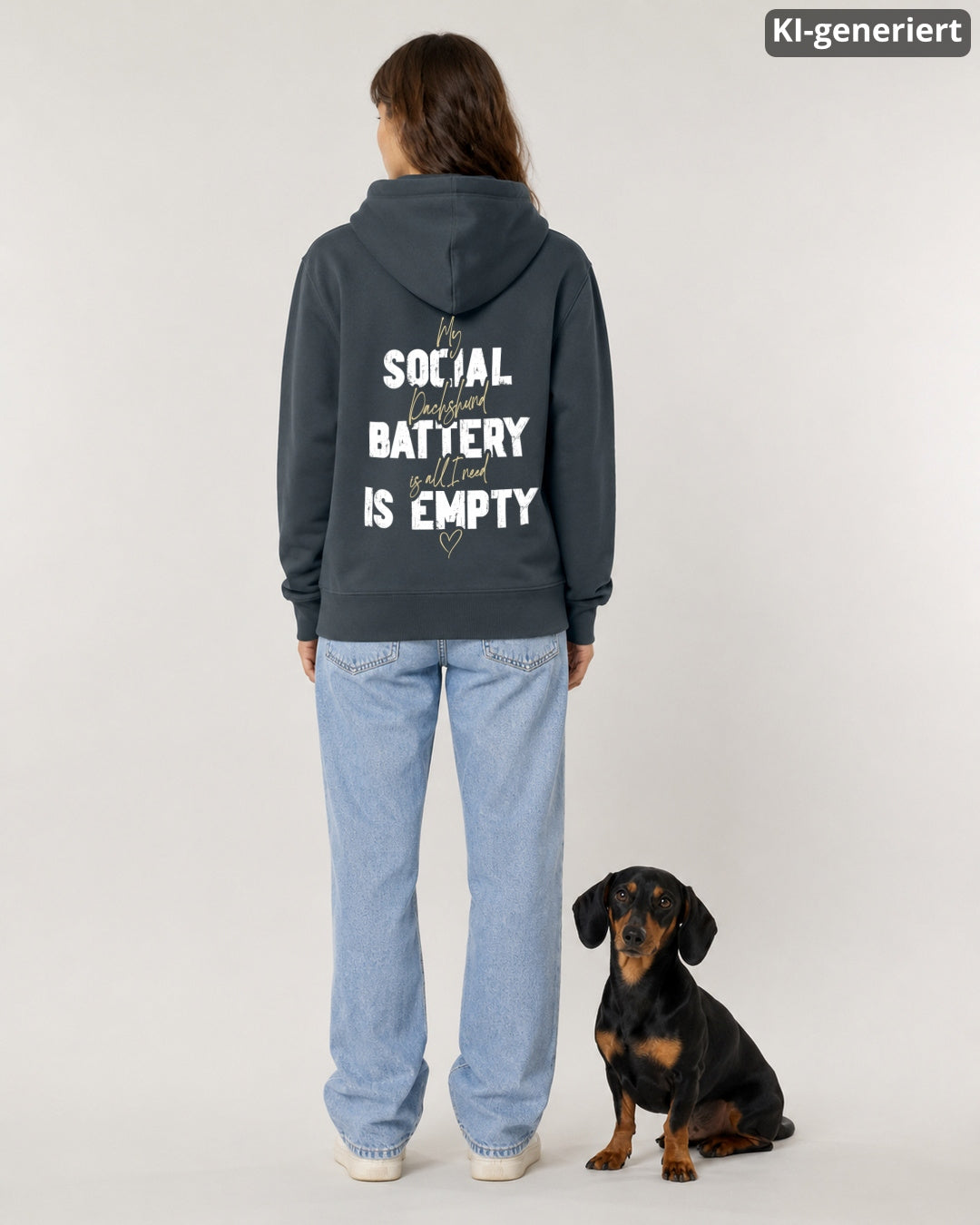 KI-generiertes Modelbild: Frau steht mit dem Rücken zur Kamera und trägt einen India Ink Grey Organic Hoodie mit großem Backprint-Motiv „Social Battery is empty“, daneben sitzt ein schwarz-brauner Dackel.