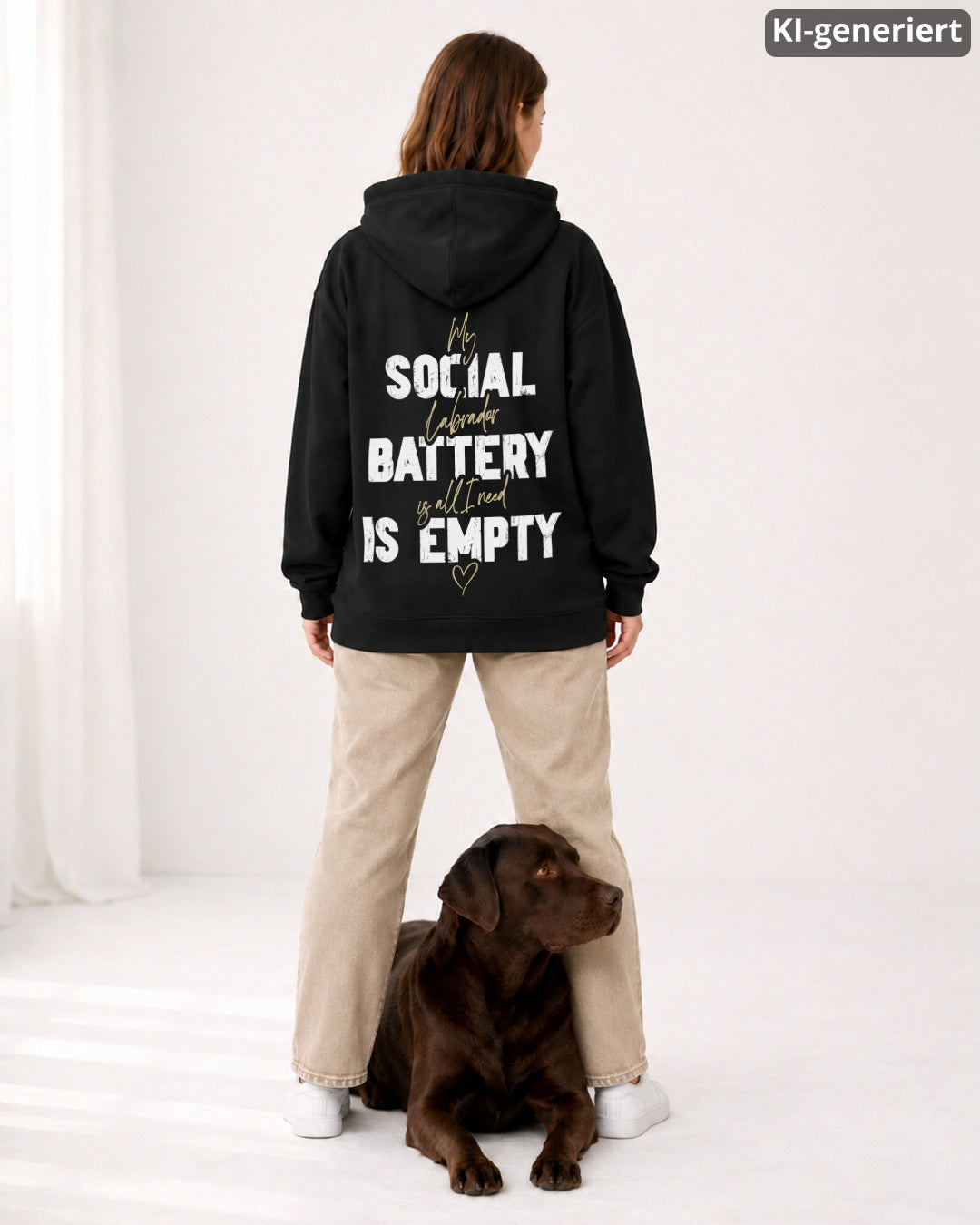 KI-generiertes Modelbild: Frau steht mit dem Rücken zur Kamera und trägt einen schwarzen Oversized Hoodie mit großem Backprint-Motiv „Social Battery is empty“, ein brauner Labrador liegt zwischen ihren Beinen und schaut zur Seite.