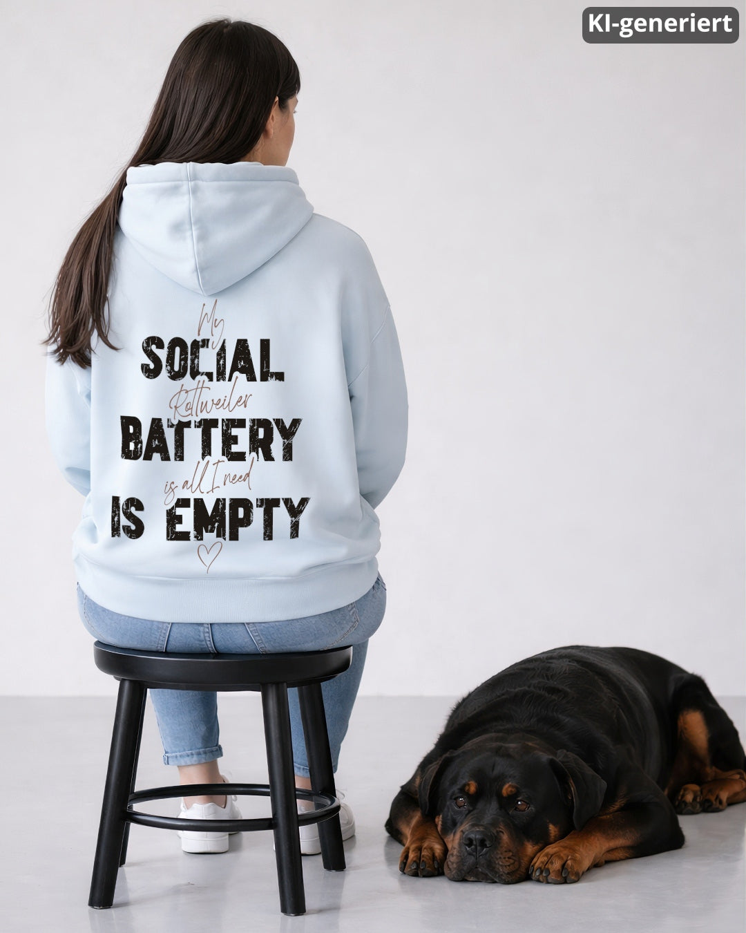 KI-generiertes Modelbild: Frau sitzt mit dem Rücken zur Kamera auf einem Hocker und trägt einen Oversized Hoodie in der Farbe Blue Ice mit großem Backprint-Motiv „Social Battery is empty“, daneben liegt ein Rottweiler entspannt auf dem Boden.