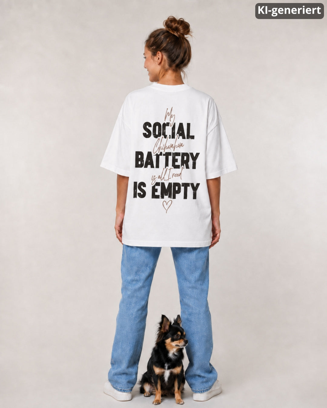 KI-generiertes Modelbild: Frau steht mit dem Rücken zur Kamera und trägt ein weißes Organic Oversize Shirt mit großem Backprint-Motiv „Social Battery is empty“, darunter sitzt ein kleiner Chihuahua.