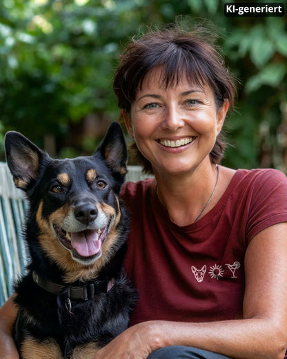 KI-generiertes Modelbild: Frau trägt Burgundy-Shirt mit Australian-Kelpie-Brustmotiv mit Sonne und Cocktailglas und sitzt neben einem Australian Kelpie.