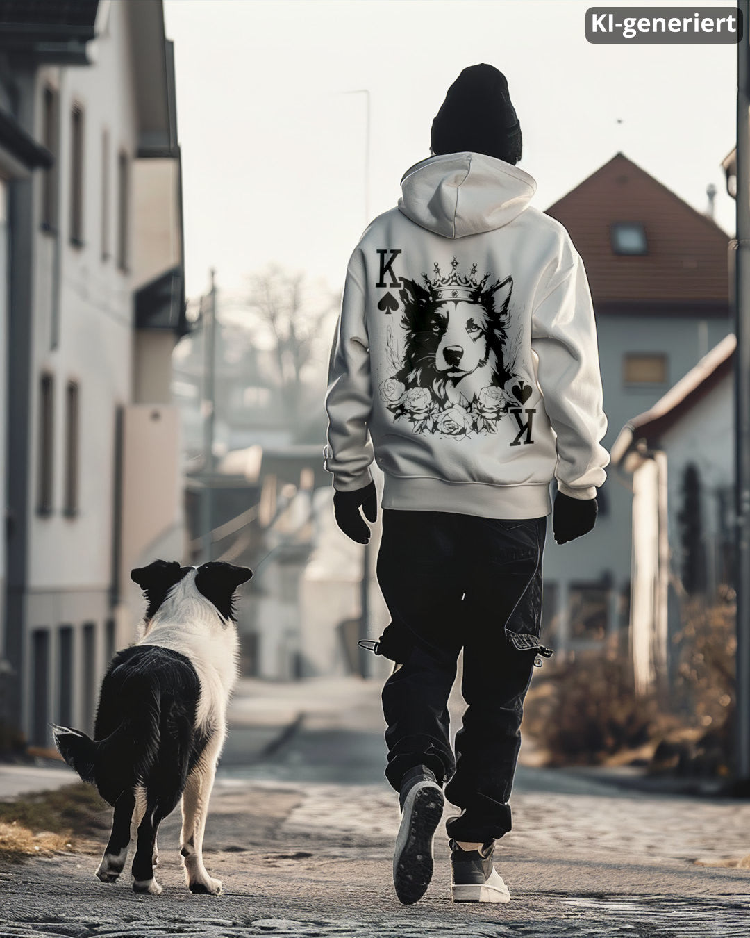 KI-generiertes Modelbild: Mann trägt weißen Hoodie mit Border-Collie-Spielkarten-Rückendruck und geht mit einem Border Collie durch eine Straße.