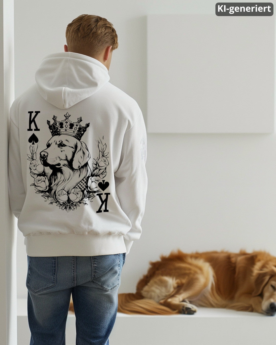 KI-generiertes Modelbild: Mann trägt weißen Hoodie mit Golden-Retriever-Spielkarten-Rückendruck, daneben liegt ein Golden Retriever.