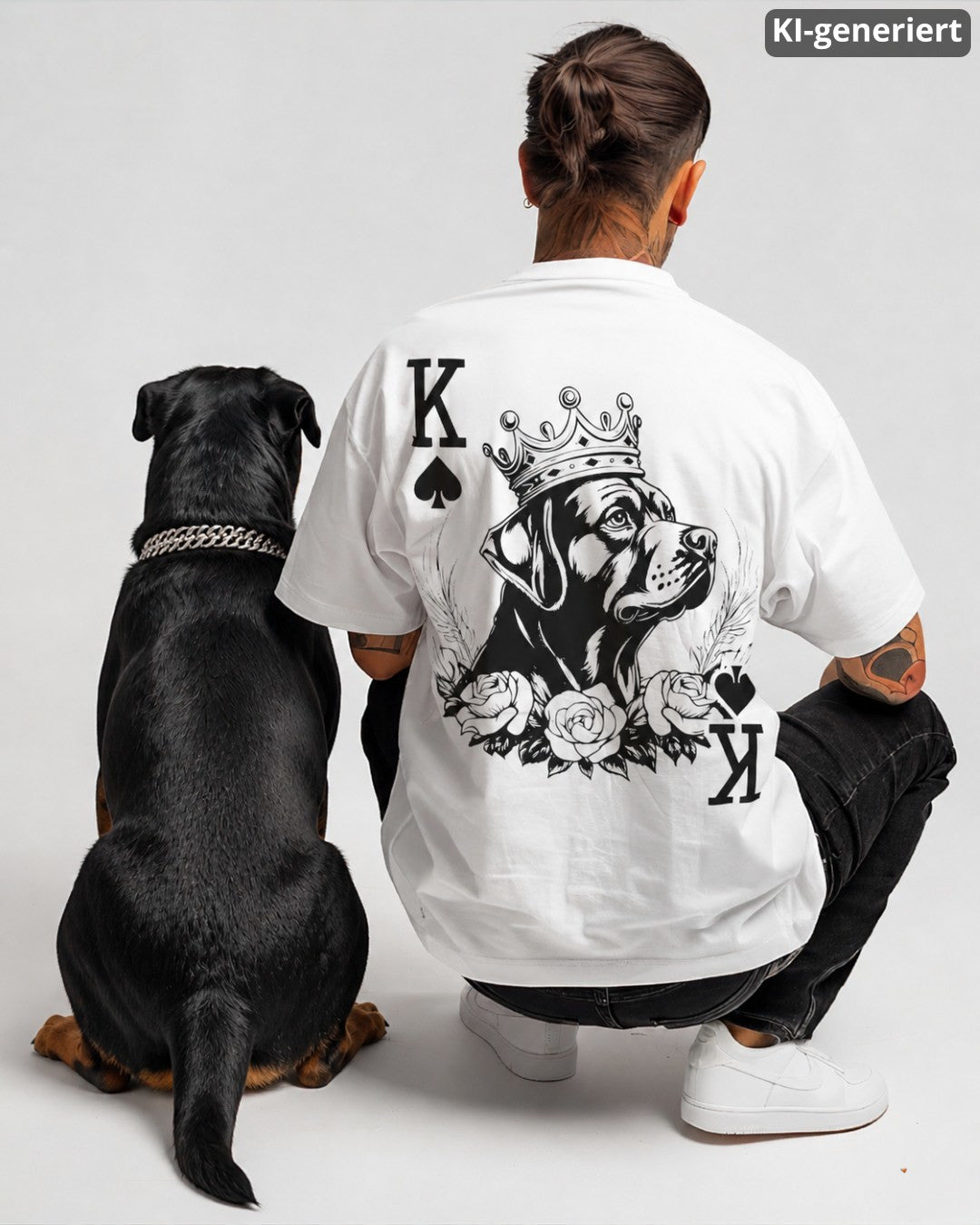 KI-generiertes Modelbild: Mann von hinten trägt weißes Oversized-Shirt mit großem Rückenmotiv im Spielkarten-Stil „Rottweiler König“ und sitzt neben einem Rottweiler.