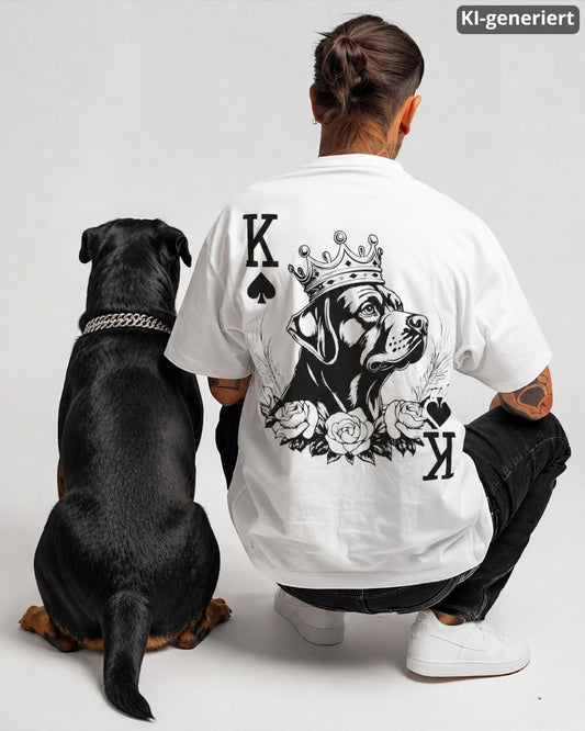 KI-generiertes Modelbild: Mann von hinten trägt weißes Oversized-Shirt mit großem Rückenmotiv im Spielkarten-Stil „Rottweiler König“ und sitzt neben einem Rottweiler.