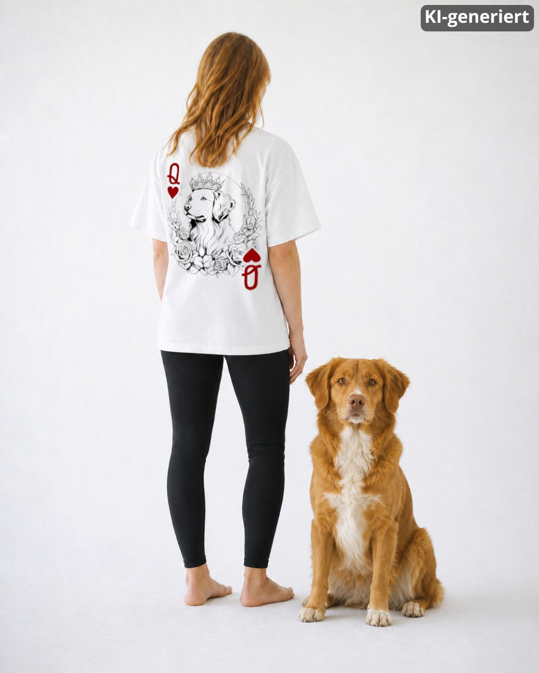 KI-generiertes Modelbild: Frau trägt weißes Oversized-Shirt mit Toller-Spielkarten-Rückendruck und steht neben einem Nova Scotia Duck Tolling Retriever.
