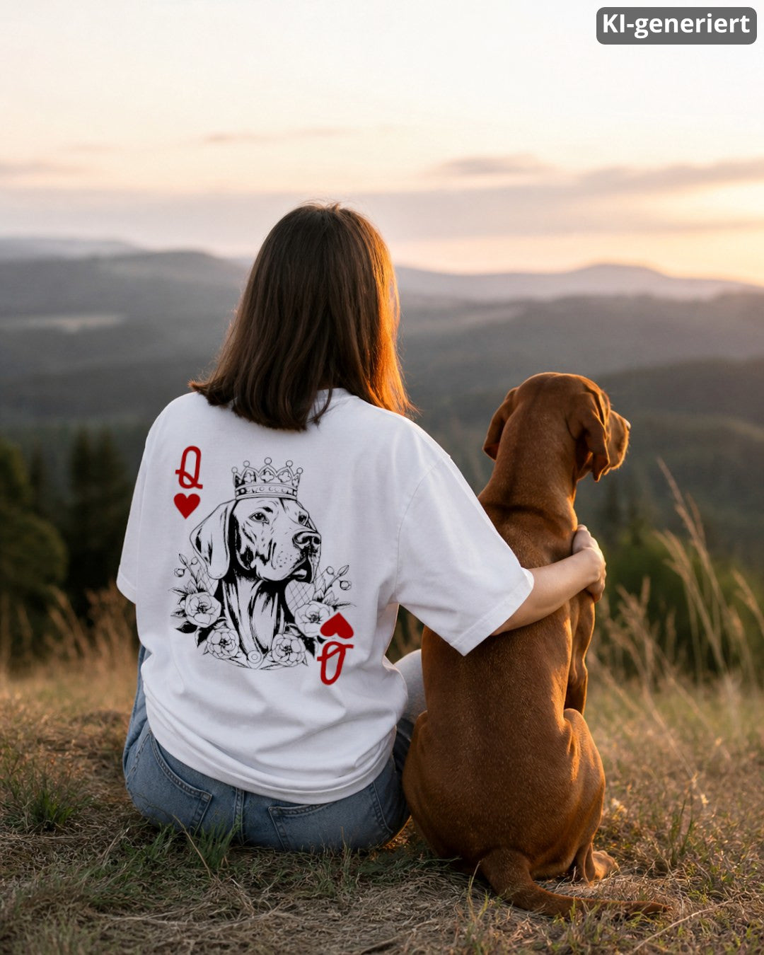 KI-generiertes Modelbild: Frau trägt weißes Oversized-Shirt mit Vizsla-Spielkarten-Rückendruck und sitzt mit einem Vizsla im Sonnenuntergang.