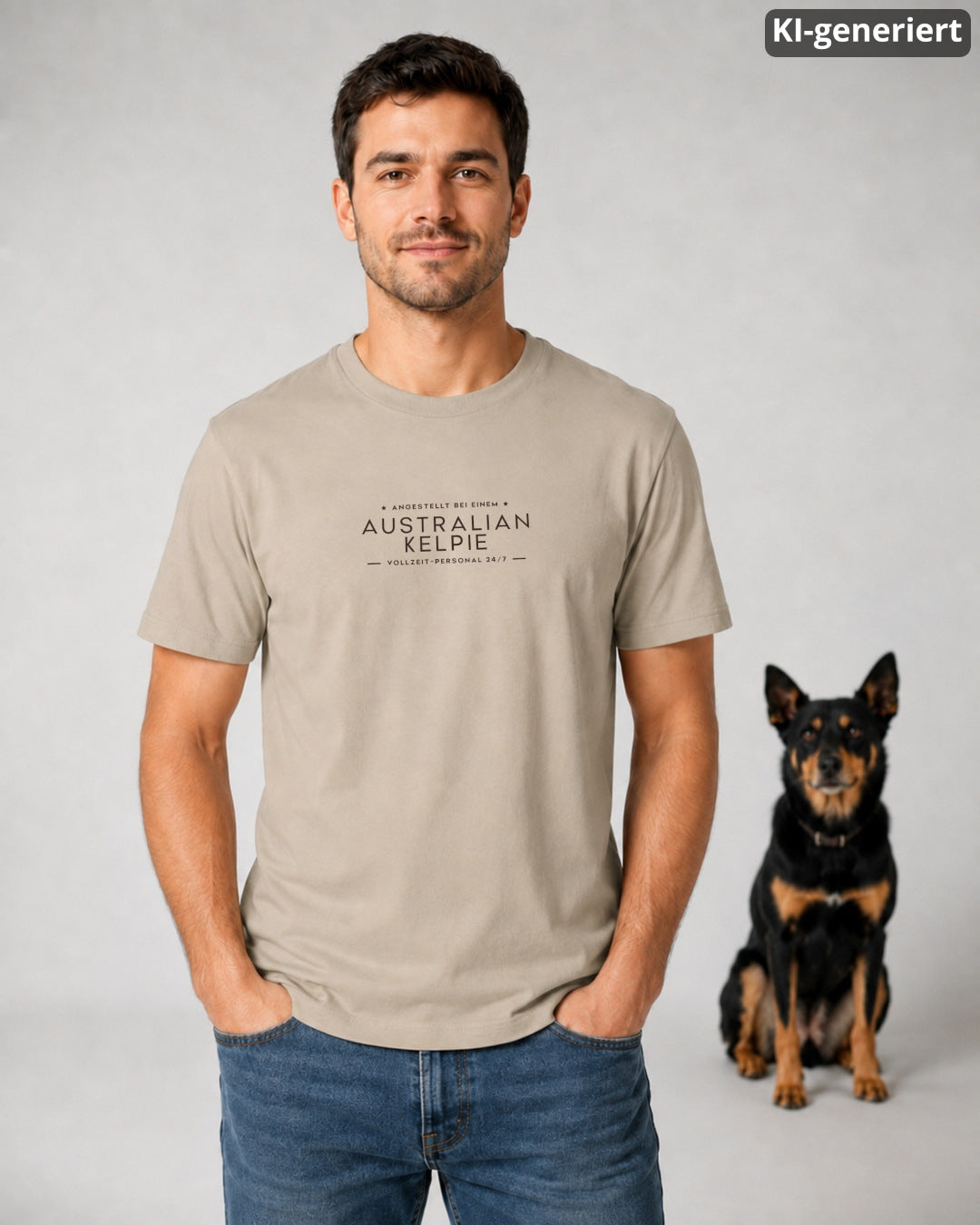 KI-generiertes Modelbild: Mann trägt ein Organic Shirt in Desert Dust mit Brustprint-Motiv „Angestellt bei einem Australian Kelpie – Vollzeit-Personal 24/7“, im Hintergrund sitzt ein Australian Kelpie.
