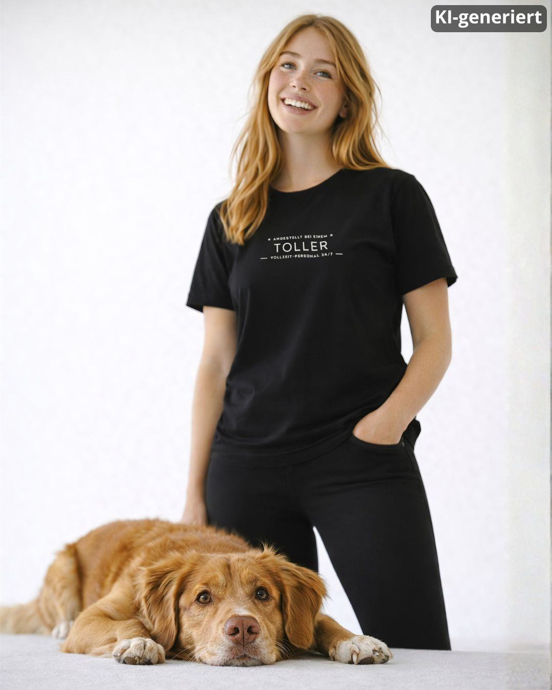 KI-generiertes Modelbild: Frau trägt ein schwarzes Organic Shirt mit Brustprint-Motiv „Angestellt bei einem Toller – Vollzeit-Personal 24/7“, davor liegt ein Toller im Studio.