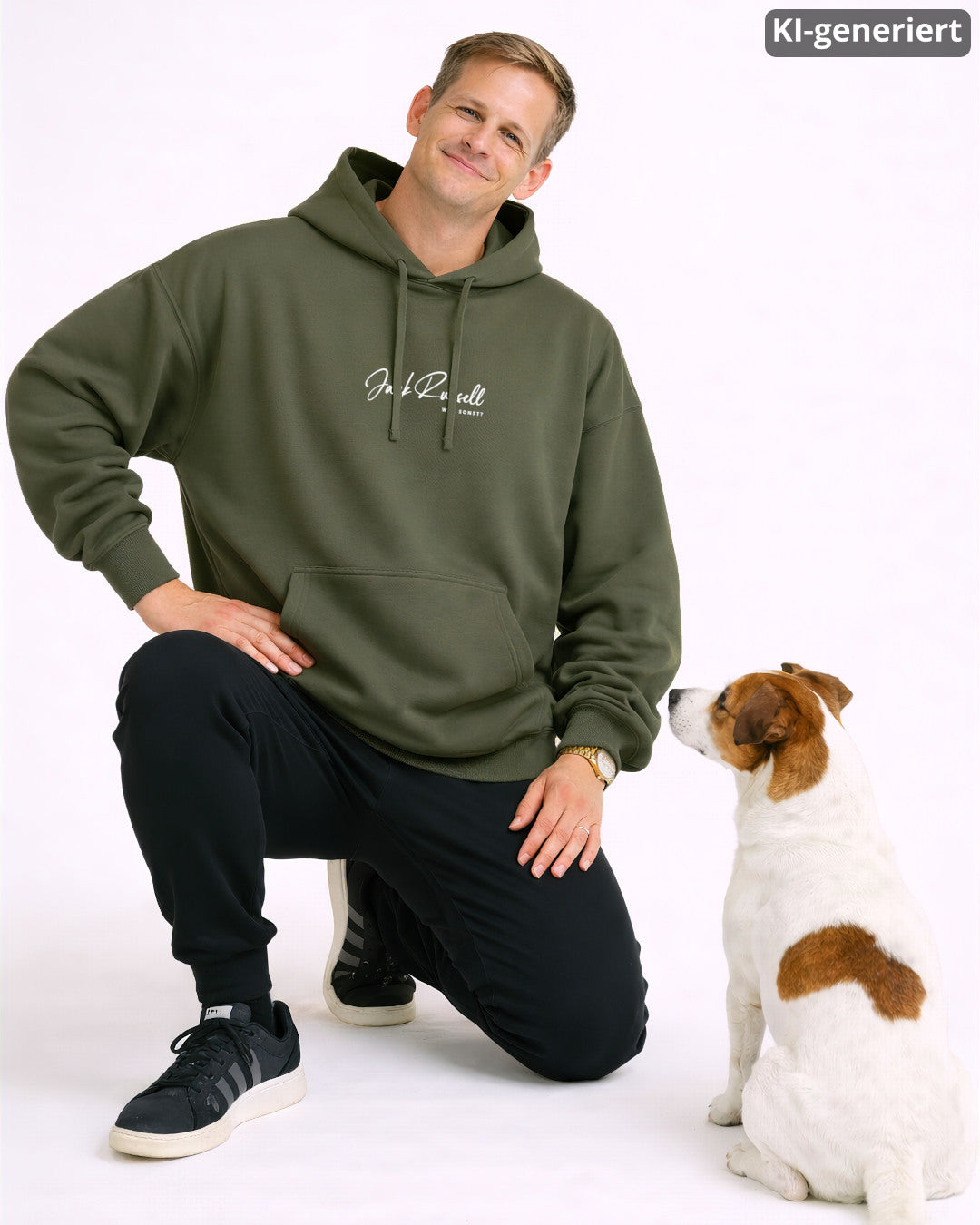 KI-generiertes Modelbild: Mann kniet in khakifarbenen Oversized-Hoodie mit Brustmotiv „Jack Russell – was sonst?“ neben einem sitzenden Jack Russell auf hellem Hintergrund.