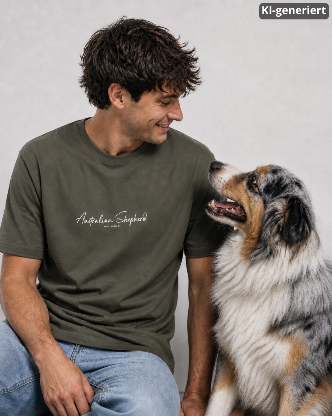 KI-generiertes Modelbild: Mann trägt khakifarbenes Shirt mit Australian-Shepherd-Schriftzug „Was sonst?“ und sitzt neben einem Australian Shepherd.