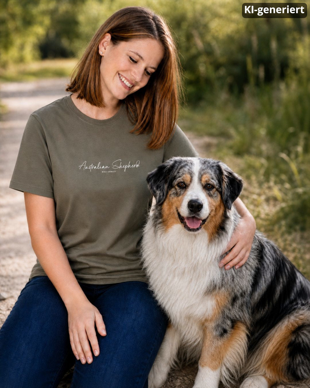 KI-generiertes Modelbild: Frau trägt khakifarbenes Shirt mit Australian-Shepherd-Schriftzug „Was sonst?“ und kniet neben einem Australian Shepherd.