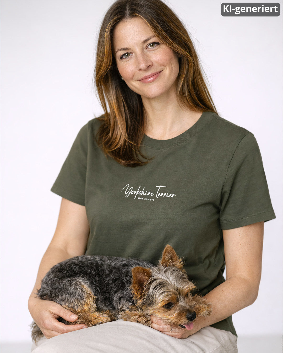KI-generiertes Modelbild: Frau trägt khakifarbenes Shirt mit Yorkshire-Terrier-Schriftzug „Was sonst?“. Ein Yorkie liegt auf ihr.