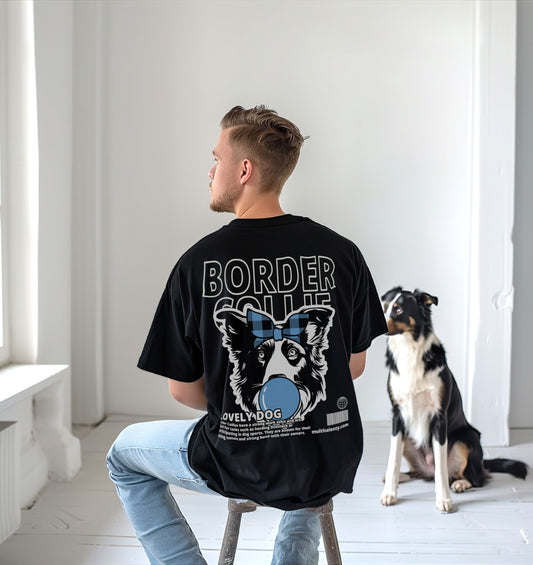Bubble Gum Border Collie (blau) - Organic Oversize Shirt - Model - Beispiel